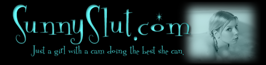 a black and aqua SunnySlutDotCom banner from 2001 featuring the site's URL in a 50s inspired font and a photo of Sunny in pigtails in a bath tub.
