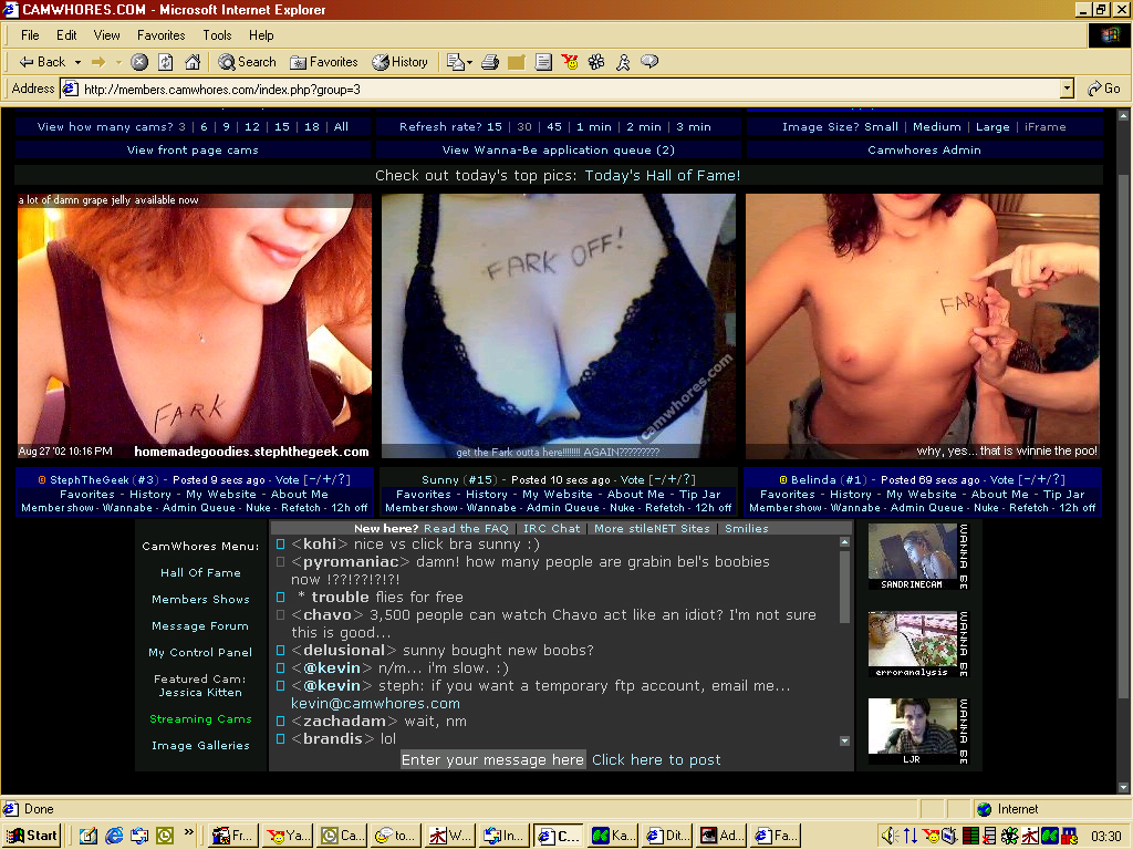 A screenshot of the Camwhores.com adult webcam portal featuring the webcams of Steph The Geek, Sunny Crittenden, and Belinda Short.